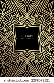 Luxury geometric linear template. Golden lines. Black background with gold outline elements. Shiny stroke. Abstract minimalist gatsby style poster. Art deco banner, placard, cover