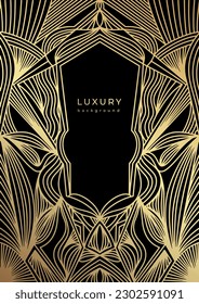 Luxury geometric linear template. Golden lines, stripes, waves. Black background with gold outline elements. Shiny stroke. Abstract minimalist gatsby style poster. Art deco banner, placard, cover