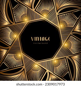 Luxury geometric linear template. Golden vintage frame. Art deco style gold background for banner, poster, cover. Retro line art with glitter, shine. Abstract minimalist gatsby style pattern