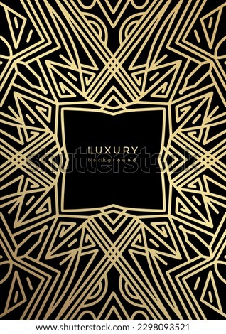 Luxury geometric linear template. Golden lines. Black background with gold outline elements. Shiny stroke. Abstract minimalist gatsby style poster. Art deco banner, placard, cover