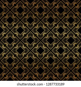 Luxury Geometric Pattern with art deco ornament. Seamless Vector Lines. Golden color on black background.