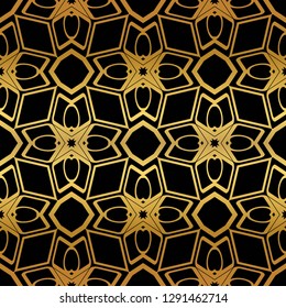 Luxury Geometric Pattern with art deco ornament. Seamless Vector Lines. Golden color on black background.