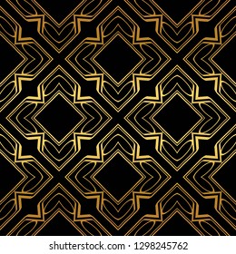 Luxury Geometric Pattern with art deco ornament. Seamless Vector Lines. Golden color on black background.