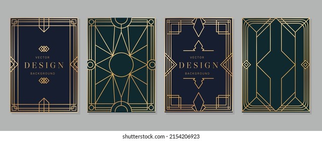 Luxury geometric pattern cover template. Set of art deco poster design with golden line, ornament, shapes, borders. Elegant graphic design perfect for banner, background, wallpaper, invitation.
