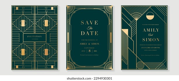 Luxury geometric pattern cover template. Set of art deco poster design with golden line, ornament, shapes, borders. Elegant graphic design perfect for banner, background, wallpaper, invitation.