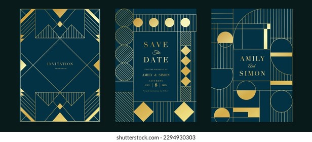 Luxury geometric pattern cover template. Set of art deco poster design with golden line, ornament, shapes, borders. Elegant graphic design perfect for banner, background, wallpaper, invitation.