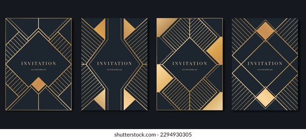 Luxury geometric pattern cover template. Set of art deco poster design with golden line, ornament, shapes, borders. Elegant graphic design perfect for banner, background, wallpaper, invitation.