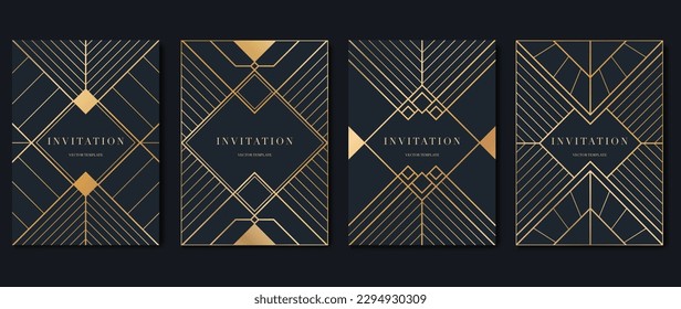 Luxury geometric pattern cover template. Set of art deco poster design with golden line, ornament, shapes, borders. Elegant graphic design perfect for banner, background, wallpaper, invitation.