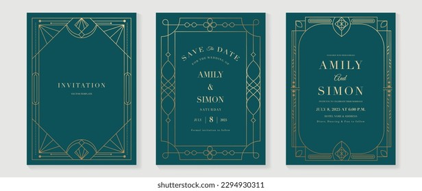 Luxury geometric pattern cover template. Set of art deco poster design with golden line, ornament, shapes, borders. Elegant graphic design perfect for banner, background, wallpaper, invitation.