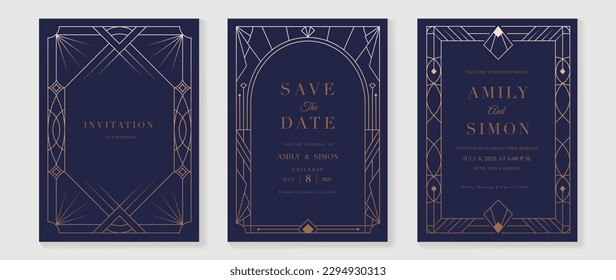 Luxury geometric pattern cover template. Set of art deco poster design with golden line, ornament, shapes, borders. Elegant graphic design perfect for banner, background, wallpaper, invitation.