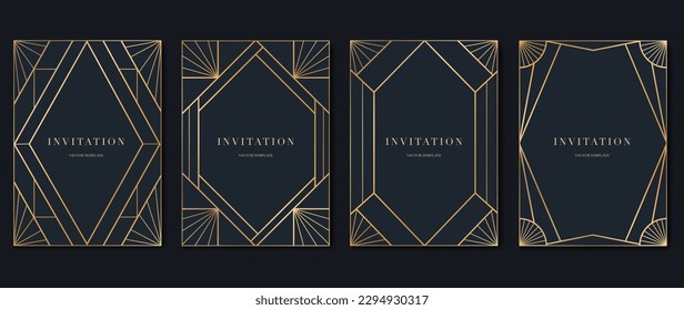 Luxury geometric pattern cover template. Set of art deco poster design with golden line, ornament, shapes, borders. Elegant graphic design perfect for banner, background, wallpaper, invitation.