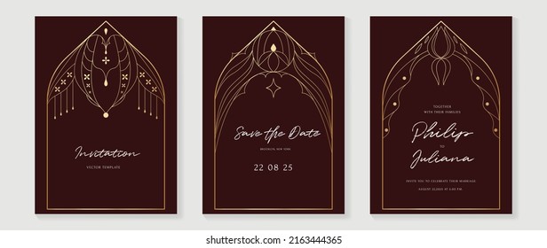 Plantilla de invitación a patrones geométricos de lujo. Diseño de afiches art deco con línea dorada, adorno, formas, bordes. Elegante vector de tarjeta perfecto para banner, fondo, papel pintado, boda.