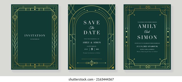 Luxury geometric pattern invitation template. Set of art deco poster design with golden line, ornament, shapes, borders. Elegant card vector perfect for banner, background, wallpaper, wedding.