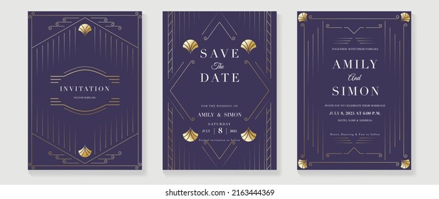 Luxury geometric pattern invitation template. Set of art deco poster design with golden line, ornament, shapes, borders. Elegant card vector perfect for banner, background, wallpaper, wedding.