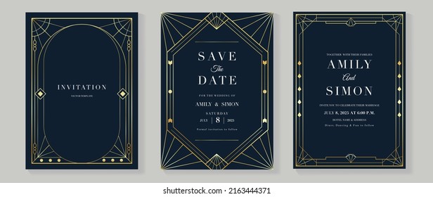 Luxury geometric pattern invitation template. Set of art deco poster design with golden line, ornament, shapes, borders. Elegant card vector perfect for banner, background, wallpaper, wedding.