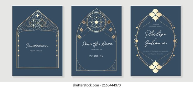 Luxury geometric pattern invitation template. Set of art deco poster design with golden line, ornament, shapes, borders. Elegant card vector perfect for banner, background, wallpaper, wedding.