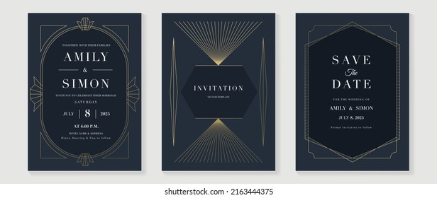 Plantilla de invitación a patrones geométricos de lujo. Diseño de afiches art deco con línea dorada, adorno, formas, bordes. Elegante vector de tarjeta perfecto para banner, fondo, papel pintado, boda.