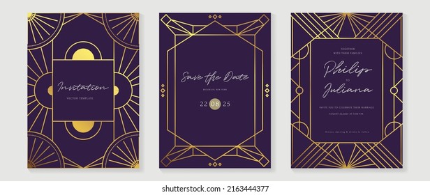 Luxury geometric pattern invitation template. Set of art deco poster design with golden line, ornament, shapes, borders. Elegant card vector perfect for banner, background, wallpaper, wedding.