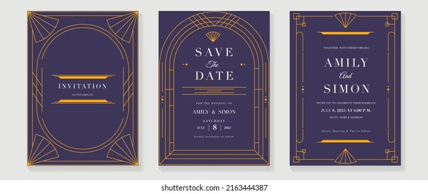 Luxury geometric pattern invitation template. Set of art deco poster design with golden line, ornament, shapes, borders. Elegant card vector perfect for banner, background, wallpaper, wedding.