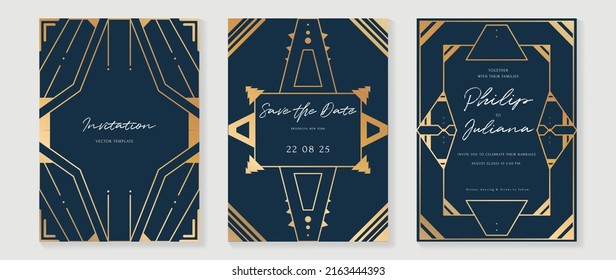 Luxury geometric pattern invitation template. Set of art deco poster design with golden line, ornament, shapes, borders. Elegant card vector perfect for banner, background, wallpaper, wedding.