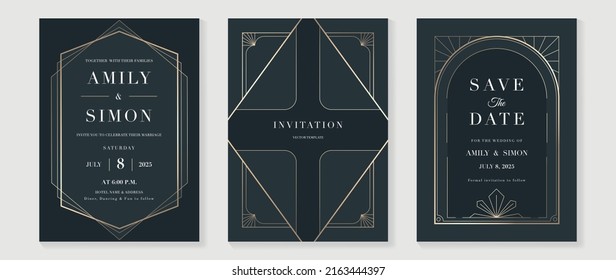 Luxury geometric pattern invitation template. Set of art deco poster design with golden line, ornament, shapes, borders. Elegant card vector perfect for banner, background, wallpaper, wedding.