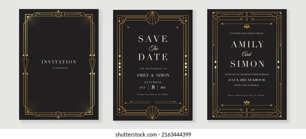 Luxury geometric pattern invitation template. Set of art deco poster design with golden line, ornament, shapes, borders. Elegant card vector perfect for banner, background, wallpaper, wedding.