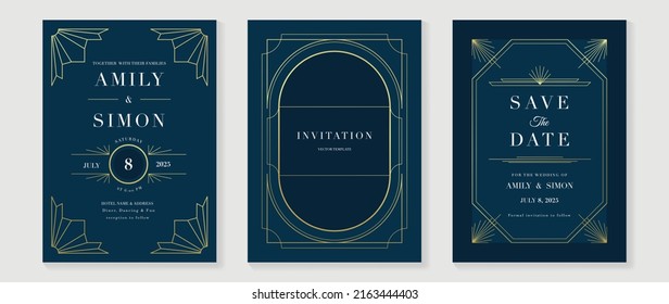 Luxury geometric pattern invitation template. Set of art deco poster design with golden line, ornament, shapes, borders. Elegant card vector perfect for banner, background, wallpaper, wedding.