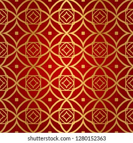 Luxury geometric pattern. Seamless vector illustration. Golden ornament on red color background.
