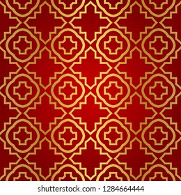 Luxury geometric pattern. Seamless vector illustration. Golden ornament on red color background.