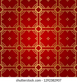 Luxury geometric pattern. Seamless vector illustration. Golden ornament on red color background.