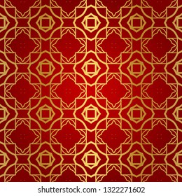 Luxury geometric pattern. Seamless vector illustration. Golden ornament on red color background.