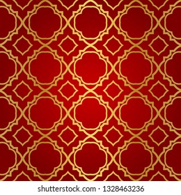 Luxury geometric pattern. Seamless vector illustration. Golden ornament on red color background.
