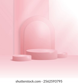 Luxury geometric podium stage with arch on background mockup with overlay effect of falling light.Minimalist mockup pedestal,Pink showcase.Abstract product display presentation.Vector 3d illustration