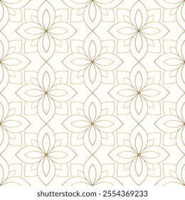 Luxury geometric seamless gold line with delicate floral motifs pattern on a white background. Vector illustration.