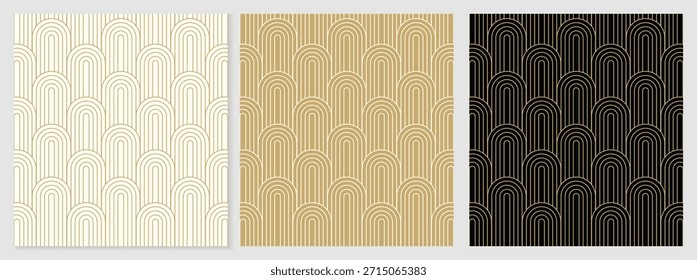 Colección geométrica de lujo sin fisuras del modelo con los arcos del art déco del oro y del negro, Vector elegante del ornamento de la línea retro fijado para el Fondo de pantalla superior, marca corporativa y diseño textil
