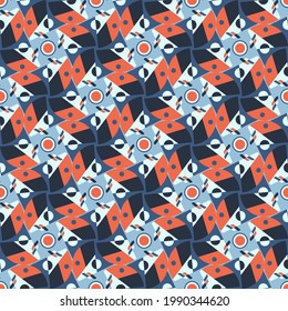 luxury geometric seamless pattern. coral, blue, gray, black overlapping polygons, stripes, circles, segments are grouped and lined up. vector 