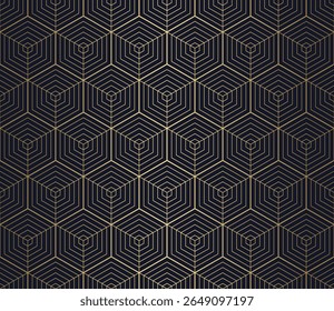 Luxury geometric seamless pattern with hexagons and gold striped line on dark blue background, vector illustration for card, invitation, digital art and etc.