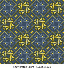 luxury geometric seamless pattern. yellow and gray stripes, circles, stars, spirals lined in a certain order on a dark background. vector