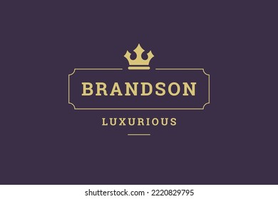 Luxury geometric vintage border with golden crown logo design template vector illustration. Premium quality product insignia badge authority tiara minimalist fashion label beauty salon cosmetic mark