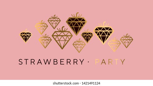 Luxury geometry strawberry decorative header. Tender rose gold, chic and glamor design element  for card, invitation, poster, packing, web and print. 