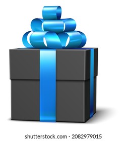 Luxury gift box in dark wrapping paper with blue silk ribbon bow