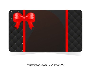 Design de cartão de presente de luxo com fundo preto acolchoado, pontos de ouro e fita de arco de cetim vermelho vibrante. Ilustração vetorial para aniversários,ocasiões especiais,presentes digitais,web,impressão, promoções digitais