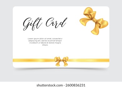 Luxury gift card template with a white background, gold ribbon, and decorative bows. Elegant and stylish design, perfect for vouchers, invitations, or special occasion greetings.