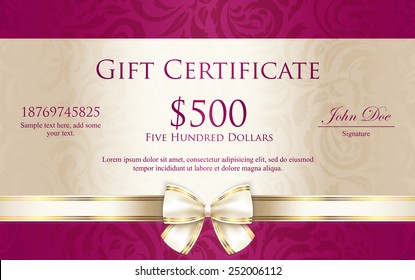 Luxury gift certificate with floral pattern and cream ribbon