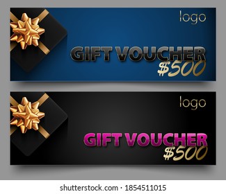 Luxury gift voucher, gift box vector horizontal design set. Elegant template for a festive gift card, coupon or certificate. Glossy text, black giftbox with golden bow