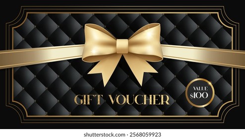 Luxury gift voucher. Elegant gift voucher with golden bow. Template for gift card, coupon. Promo or flyer offer