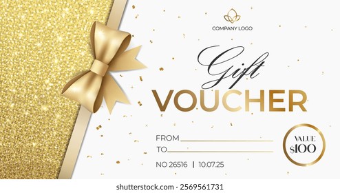 Luxury gift voucher. Elegant gift voucher with golden bow. Template for gift card, coupon. Promo or flyer offer