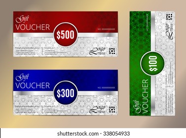 Luxury Gift Voucher set, Gift certificate, Coupon template. Floral, scroll pattern. Background design for invitation, ticket, cheque. Red, silver, blue, green vector