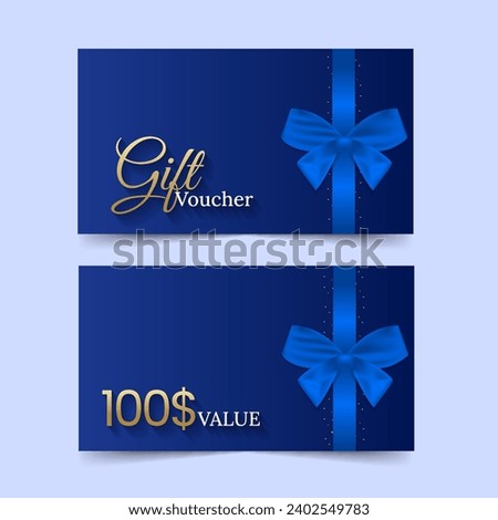 Luxury gift Voucher template with bow ribbon on blue background
