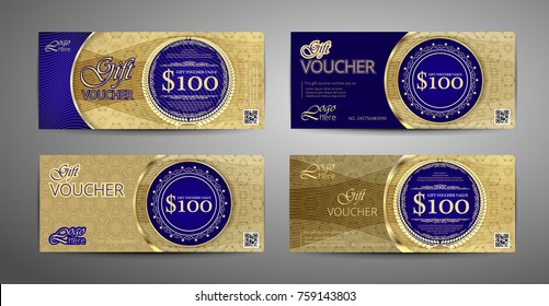 Luxury gift voucher template collection. Set of blue and gold coupon template. Vector